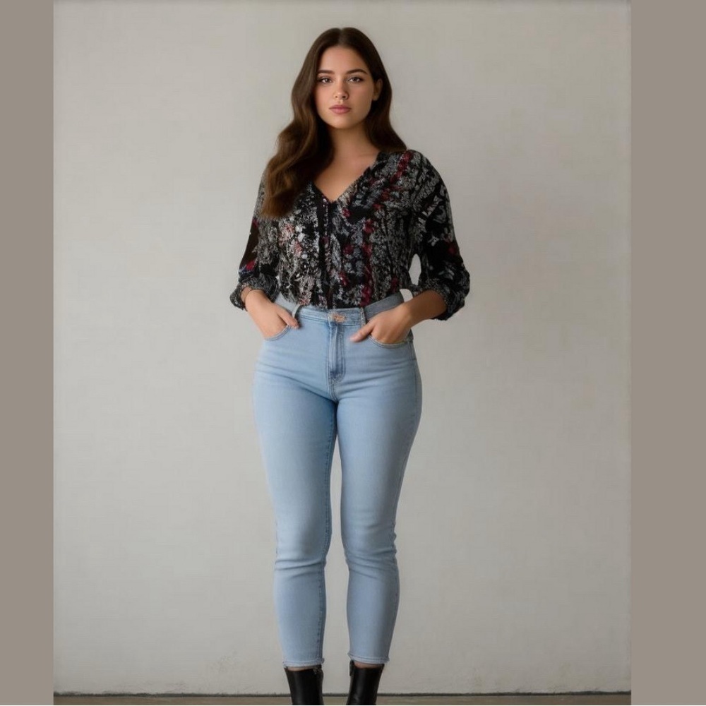 Floral blouse. Ties in the bottom front. XXL. Black.